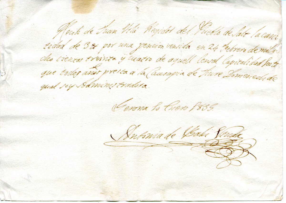 🙋Tornem a necessitar ajuda!

La 4ª línia com continua? 
"que todos años presta a la ¿? Domenech de qual soy Administradora"

I la signatura? "Antonia de Bach? Baliu?, vídua"