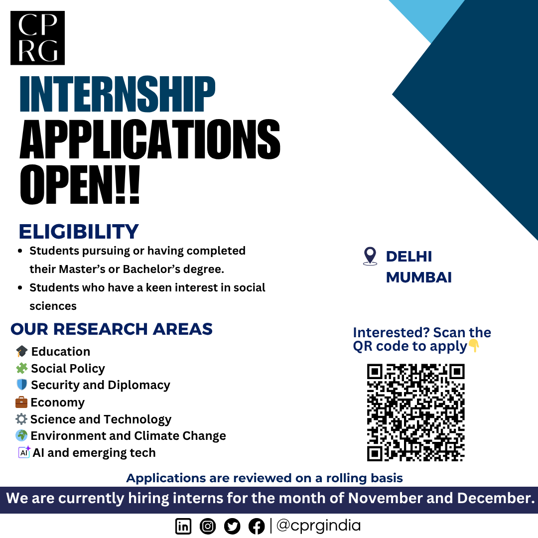 CPRGIndia's tweet image. Passionate about public policy? 🌍
CPRG is now accepting internship applications for November &amp;amp; December!
📍Delhi | Mumbai        
Apply now or scan the Qr code 👉              docs.google.com/forms/u/0/d/e/…

#Internships #Opportunity
#cprgindia @RamanandDelhi