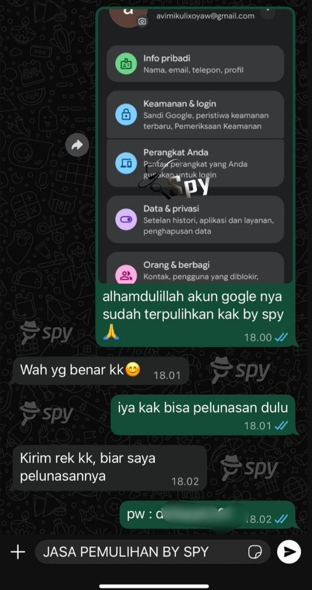 Spy007RS_'s tweet image. OPEN JASA PEMULIHAN AKUN & JASA HAPUS AKUN
▫️JASA PEMULIHAN AKUN SOSMED
▫️JASA HAPUS AKUN
▫️JASA BANNED WA / BUKA WA
▫️JASA DOXXING / JASA LACAK / JASA SADAP
proses cepat bisa di tunggu wa.me/628990902388