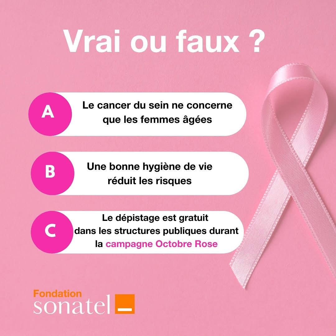 𝙑𝙧𝙖𝙞 𝙤𝙪 𝙁𝙖𝙪𝙭 ?

Testez vos connaissances avec notre quiz interactif spécial Octobre Rose.

A vous de jouer ! Répondez en commentaire 👇 et partagez pour sensibiliser autour de vous.

#FondationSonatel #octobrerose #prévention #sensibilisationcancer