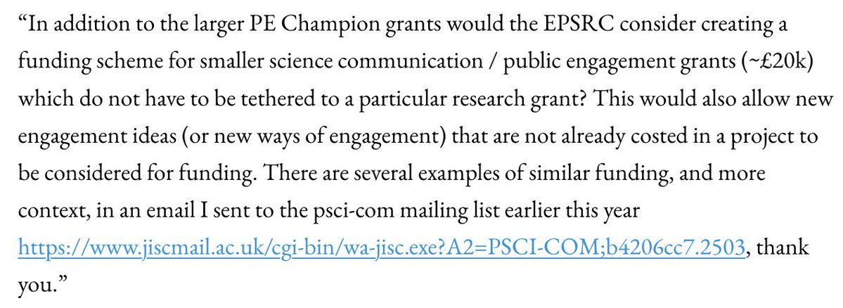 JoBrodie's tweet image. I've submitted Qn asking them to consider creating some Small Grant (~£20k) funding for Science Communication & Public Engagement activities, which don't have to be tethered to a particular research grant.
Context, & examps of standalone #scicomm funding peeecs.wordpress.com/2025/10/13/eps…