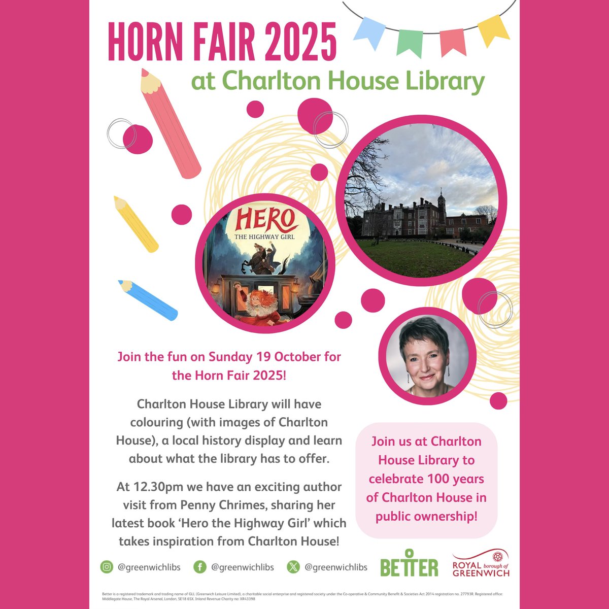 CharltonLib's tweet image. Join the fun on Sunday 19 October for the Horn Fair! #CharltonLibrary have themed colouring, local history display + more! At 12.30pm we have an exciting author visit from Penny Chrimes, sharing her latest book &apos;Hero the Highway Girl&apos; which takes inspiration from Charlton House!