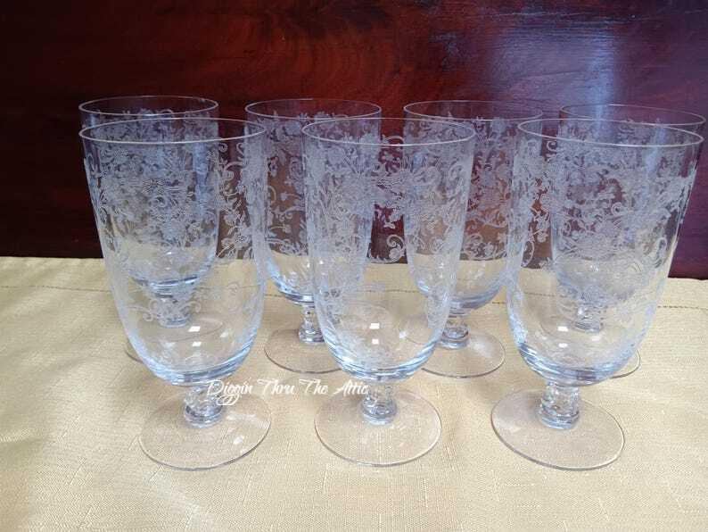 Iced Tea Glasses, Buttercup by Fostoria , Stem 6030, Etch 340, Flowers and Scrolls, Set of 7.    (3939) etsy.me/3ITjBS7 via <a href="/Etsy/">Etsy</a>  #wiseshopper