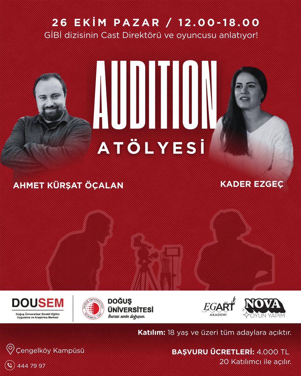 Sahneye adım atmaya hazır mısın? Doğuş Üniversitesi Sürekli Eğitim Merkezi ve Nova Oyun Yapım iş birliğiyle düzenlenen Yaratıcı Endüstriler Atölyeleri başlıyor!

Televizyon ve tiyatro dünyasının sevilen oyuncuları Ahmet Kürşat ÖÇALAN, Bülent Emrah PARLAK ve cast direktörü Kader