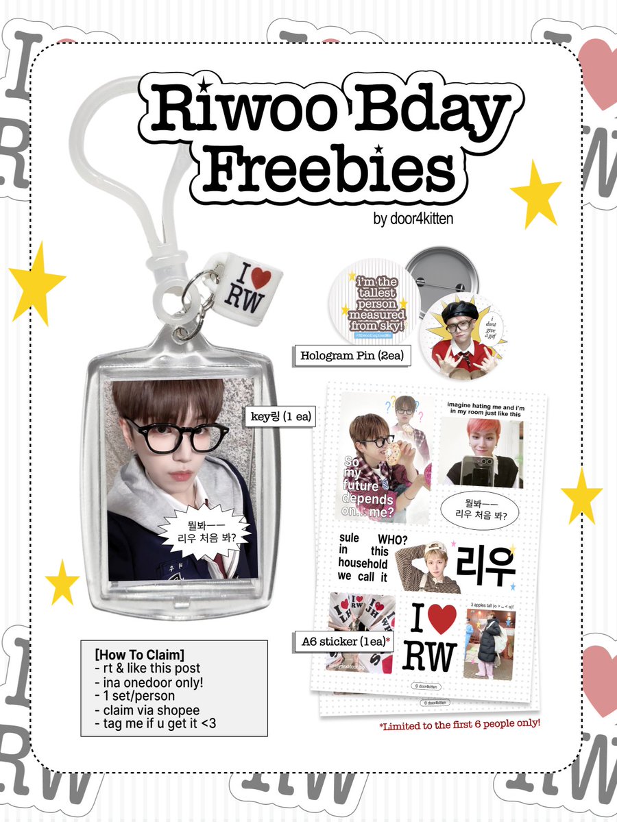 Riwoo's Birthday Freebies— by <a href="/door4kitten/">₍^. .^₎Ⳋ ✶ (mt after dm)</a> ⋆˙⟡

how to claim? 
₊ follow, rt, &amp; like
₊ 1 kit/person [set 10.220] no rf
₊ claim by shopee @ 25.10 (link &amp; time TBA)
₊ ina onedoor only

[ drop your @ so i’ll tag you later! ]

#리우 #RIWOO #BOYNEXTDOOR