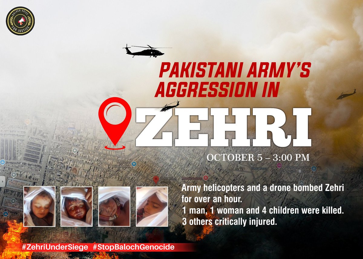 Deedagbaloch32's tweet photo. Khuzdar : 🚨🚨 Pakistani Army’s Aggression in Zehri
October 5 – 3:00 PM

Army helicopters and a drone bombed Zehri for over an hour.
1 man, 1 woman and 4 children were killed.
3 others critically injured.

#ZehriUnderSiege
#StopBalochGenocide
#Balochistan https://t.co/yWtaiYMqnc