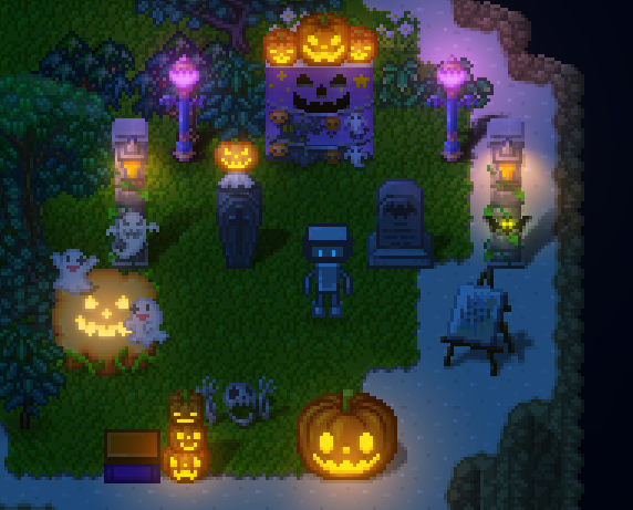 trnktmg's tweet photo. あとハロウィン家具集めきった～　ルシアンのところに置いてみた　かぼちゃのワゴンは店の中か周辺しか置けないので箱に入れたままになってる #sky_end_market https://t.co/hqQjksYhxw
