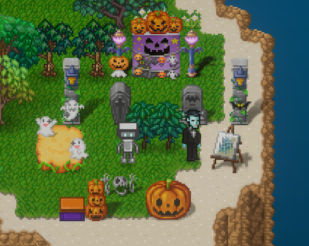 trnktmg's tweet photo. あとハロウィン家具集めきった～　ルシアンのところに置いてみた　かぼちゃのワゴンは店の中か周辺しか置けないので箱に入れたままになってる #sky_end_market https://t.co/hqQjksYhxw