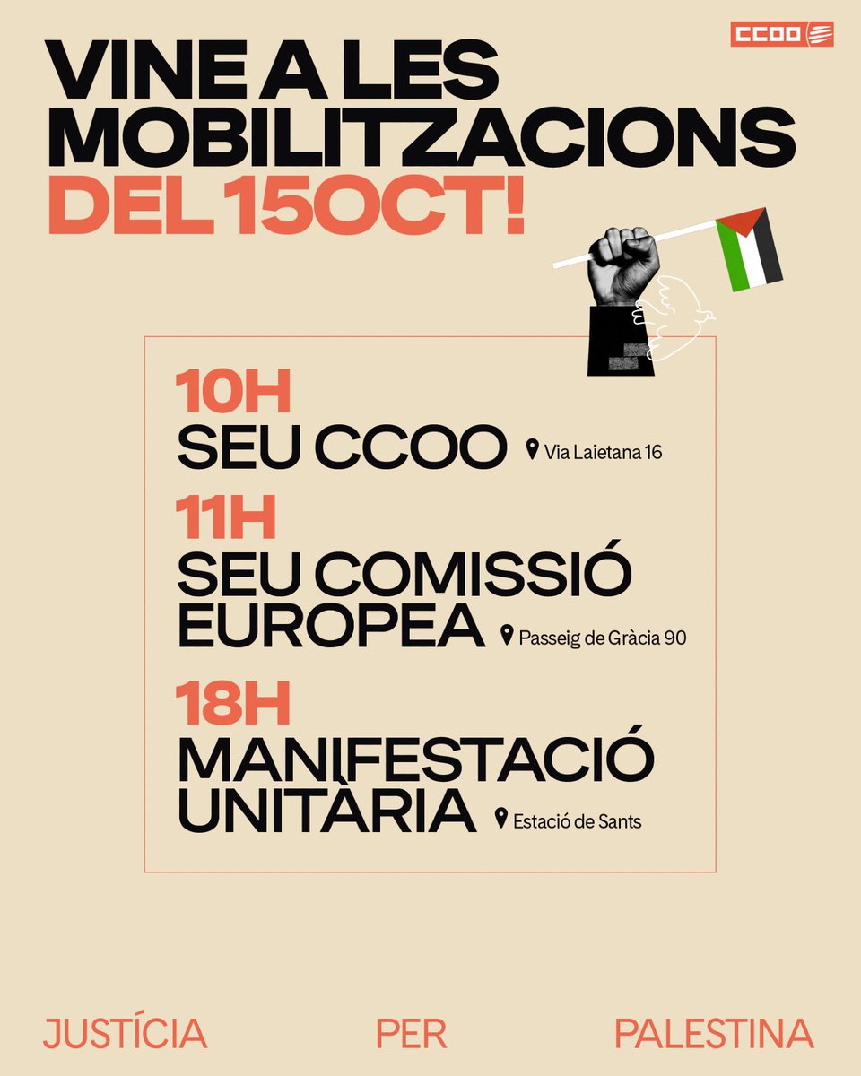 🇵🇸 Els 3 punts de trobada que has de saber per al 15-oct.
Si et mobilitzes al territori, trobaràs els punts de trobada en aquest enllaç: f.mtr.cool/xmgdmvdxtd