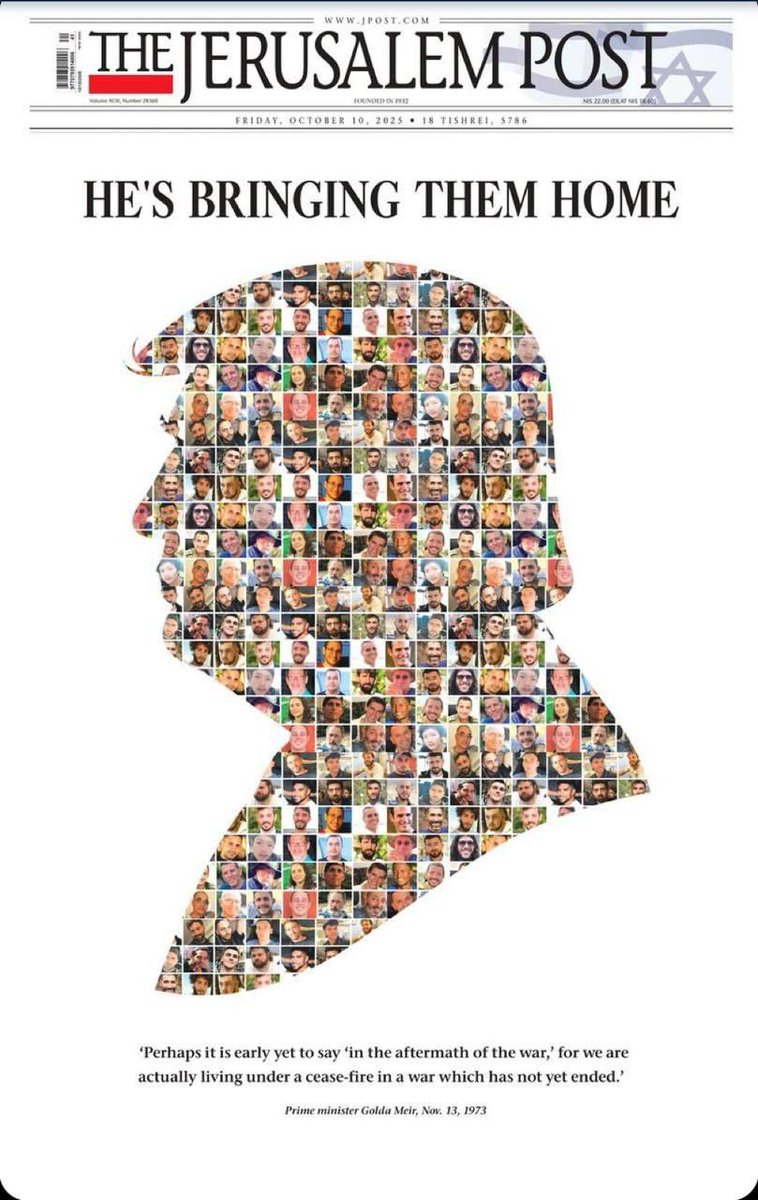 عکس روزنامه اسراییلی جروزالم پست؛ تصویری از ترامپ که از عکس اسرای رژیم صهیونیستی ساخته شده.
نتانیاهو مجسمه ی کبوتر صلح رو به ترامپ میده .

📎دارن نرم‌نرم ترامپ رو به‌عنوان منجی جا می‌زنن؛ طوری القا می‌کنن که انگار او«پایان‌دهنده جنگ»، «ناجی اسرا» و «صلح‌آور خاورمیانه»‌ست. 
#دجال