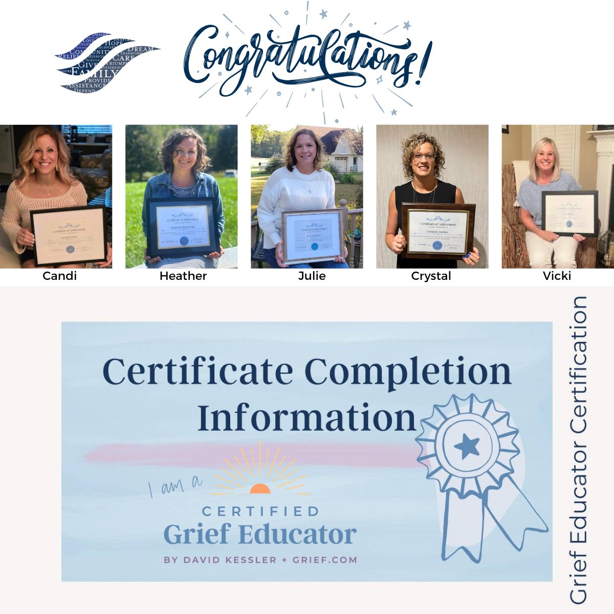 BTFoundation17's tweet image. We couldn&apos;t be prouder of BTF moms Candi, Heather, Julie, Crystal, and Vicki! They have received certification as a Grief Educator. Congratulations!! #GriefEducator #griefcertification #davidkessler

Learn more about their certification here: davidkesslertraining.com/certification
