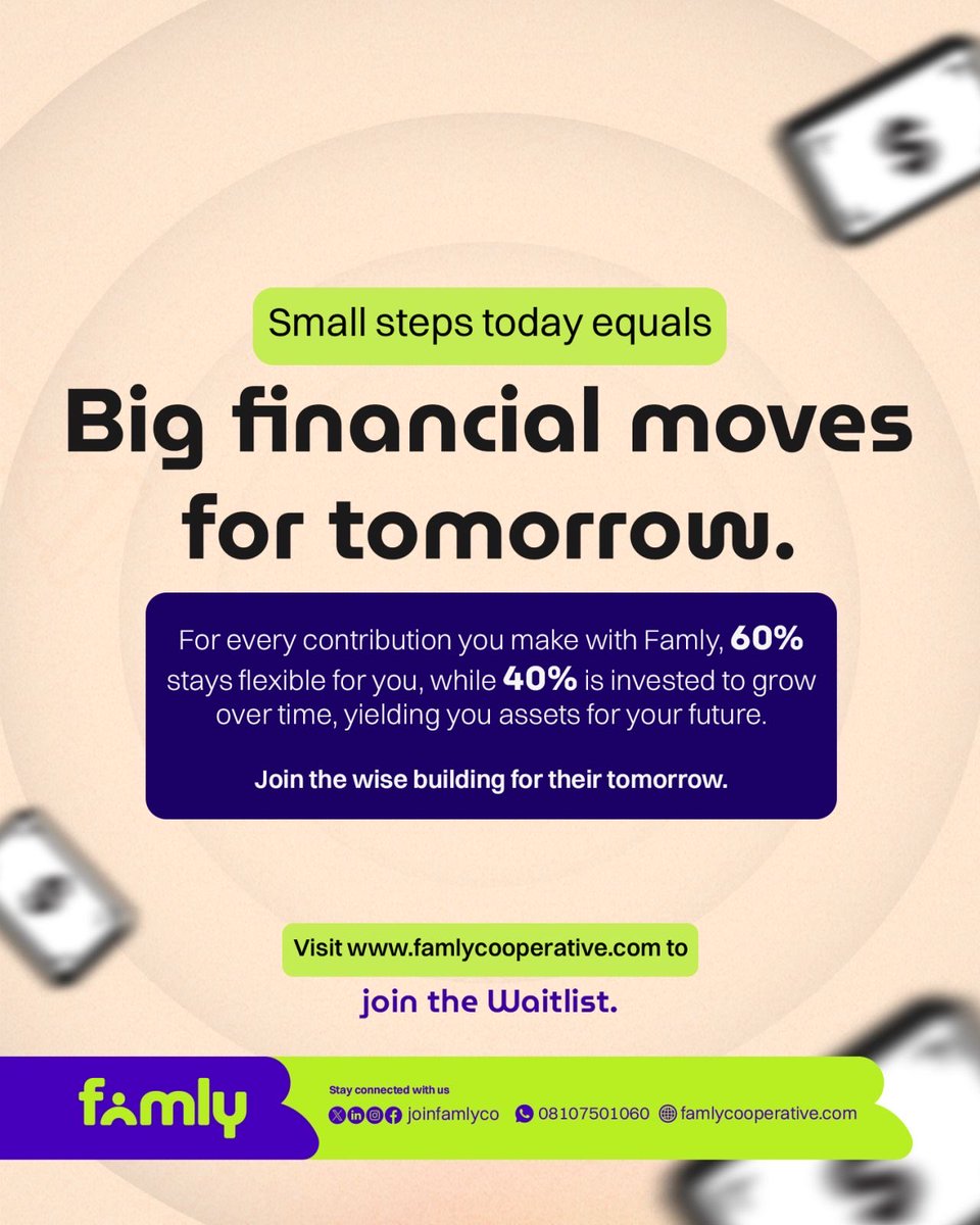joinfamlyco's tweet image. Big moves start small. 
 
With Famly, every contribution you make works twice as hard — part for today, part invested for tomorrow, because the future you deserve starts with the choices you make today. 
 
Visit famlycooperative.com to join the waitlist.