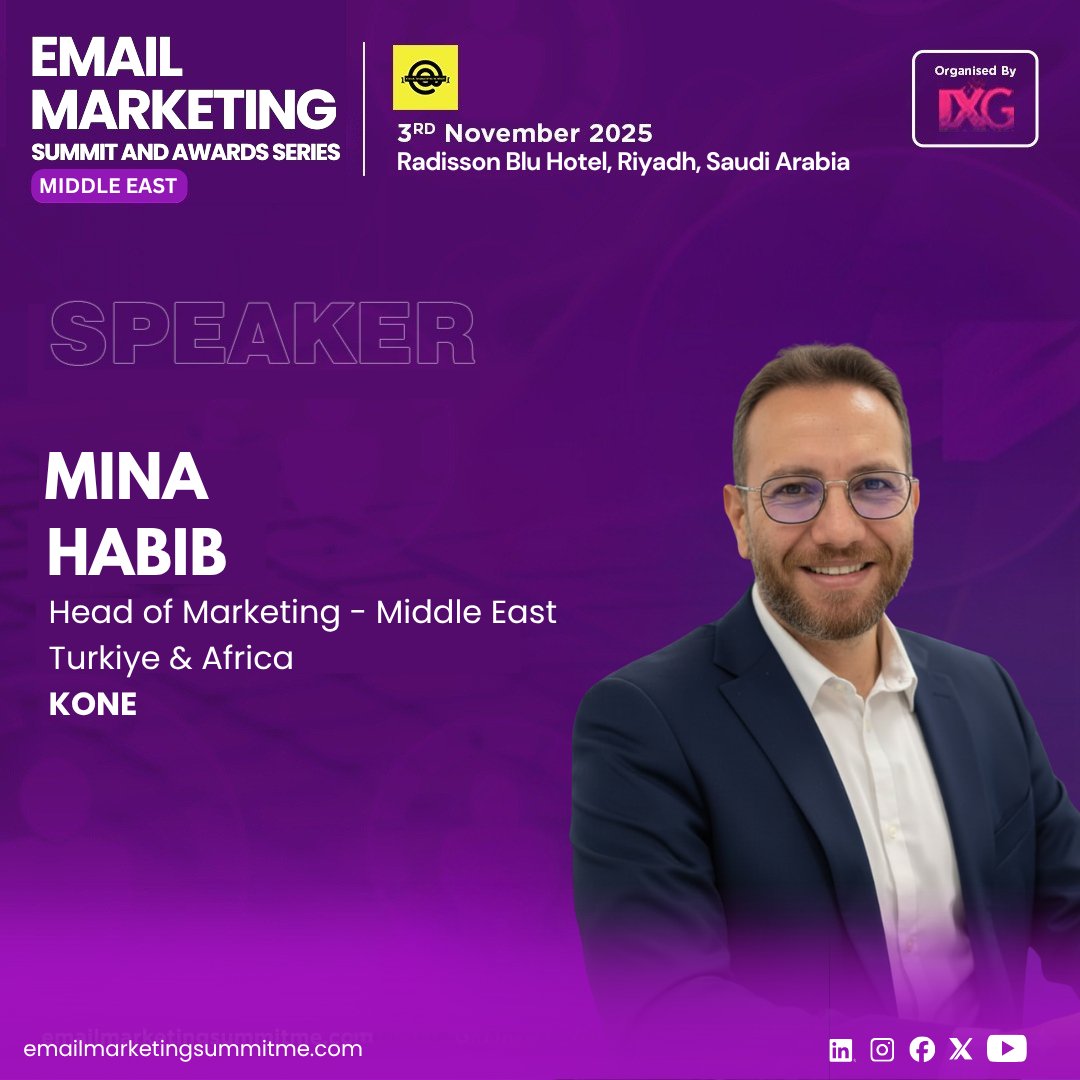 We’re honoured to have Mr. Mina Habib, Head of Marketing - Middle East, Turkiye &amp; Africa at <a href="/KONECorporation/">KONE</a> as distinguished speaker for The Email Marketing Summit &amp; Awards Series Middle East 2025 which will take place on November 3rd in Riyadh, Saudi Arabia.

#emsasme2025
