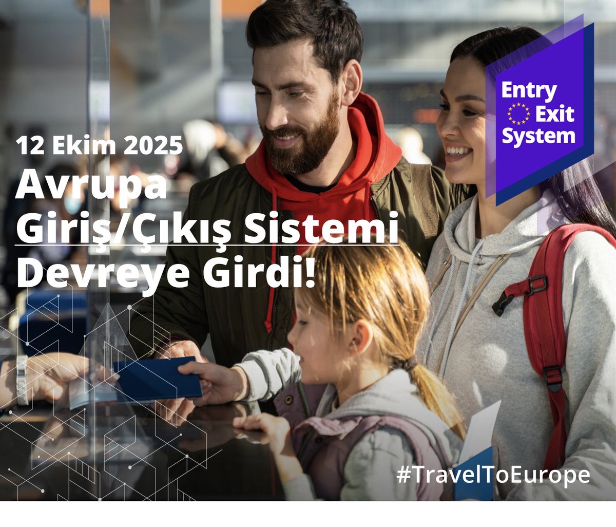 ✈️  Giriş/Çıkış Sistemi (EES) artık Avrupa genelinde devreye girdi!

Bu modern sınır yönetim sistemi sayesinde Avrupa'ya seyahat etmek giderek daha sorunsuz ve kolay hale gelecek.

Daha fazla bilgi almak için web sitemizi ziyaret edin
eeas.europa.eu/delegations/tü…
#AvrupayaSeyahat
🇪🇺🇹🇷