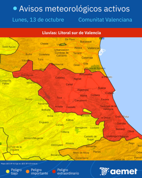 BombersValencia's tweet photo. Molta precaució a la zona sud de la província de València, amb avís ROIG. Segueix actualitzacions @AEMET_CValencia i @GVA112. Evita desplaçaments i atén recomanacions de les autoritats. https://t.co/nDFuNueoXL