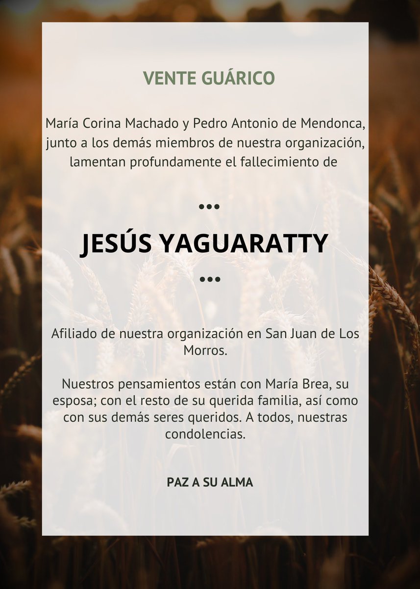 En <a href="/VenteGuaricoYA/">Vente Guárico</a> nos unimos al duelo de la familia de Jesús Yaguaratty, amigo y afiliado de nuestra organización en San Juan de Los Morros. Que Dios reciba su alma y asista con fortaleza en esta dura hora a María, su esposa, y al resto de la familia.