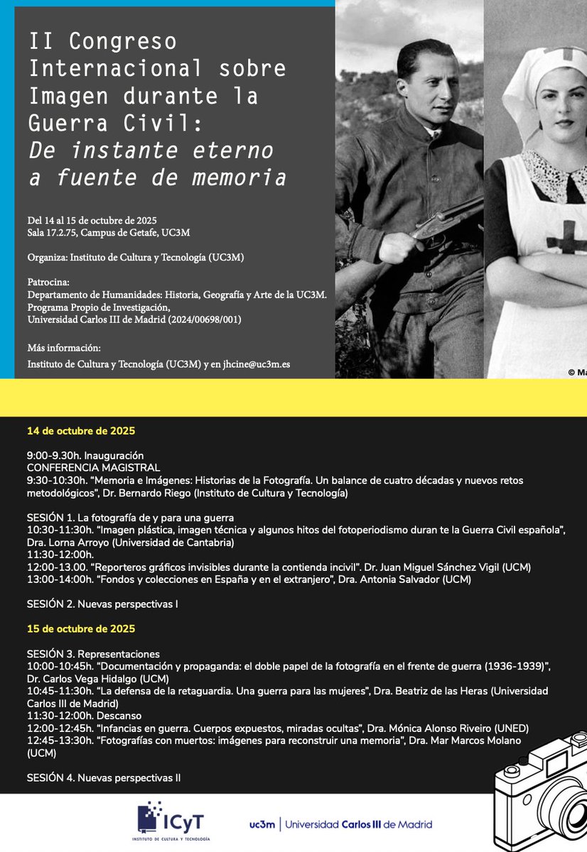 Mañana comienza el II Congreso Internacional sobre Imagen durante la Guerra Civil. De instante eterno a fuente de memoria en Universidad Carlos III. Os dejo el programa: 
uc3m.es/instituto-cult…