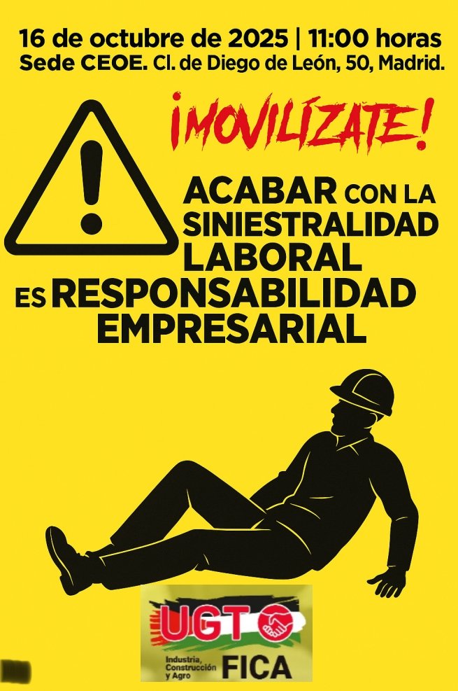 🆘 489 personas trabajadoras han muerto en el trabajo en los ocho primeros meses del año.
Esto es inaceptables en una sociedad como la nuestra ‼️
🔊Por todo ello nos movilizamos, el 16 de octubre frente a la CEOE.
📍 11:00h 
 C/ Diego de León, 50 #Madrid
x.com/UGT_FICA/statu…