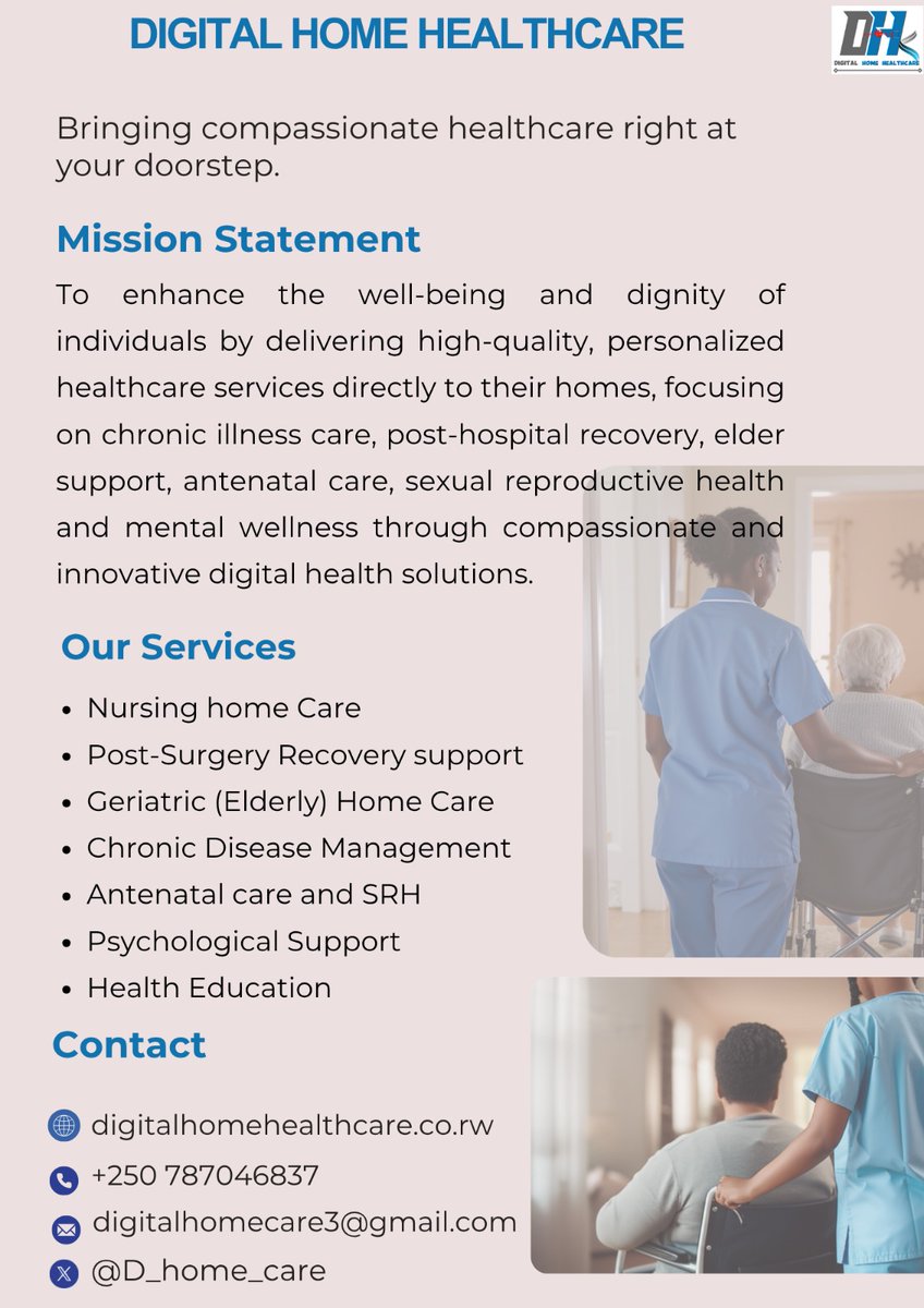D_home_care's tweet photo. We bring compassionate medical and  nursing care to your doorstep, at home.
Visit us:
🌐 https://t.co/njud9fa3pl
📞 +250 787046837
WhatsApp: https://t.co/q3o7mVlT2E
✉️ Info@digitalhomehealthcare.co.rw
📩 digitalhomecare3@gmail.com https://t.co/VQGTeWbVCT