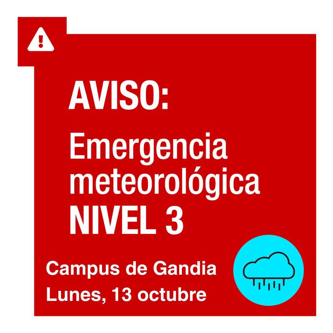 🔴 ALERTA ROJA <a href="/UPVCampusGandia/">Campus de Gandia | UPV</a> 

MEDIDAS GENERALES:

🚫 Evita desplazamientos

Si estás en el campus, permanece dentro de las instalaciones. Si es necesario, sube a plantas superiores. Evita sótanos.

Está abierto hasta que toda la comunidad pueda abandonarlo con seguridad 👇