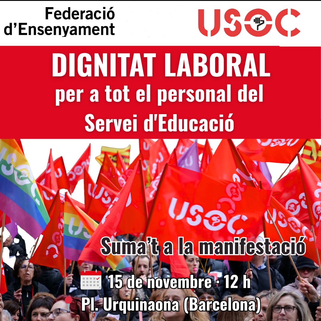 📢 Dignitat laboral per al personal del Servei d’Educació
❗Pèrdua de poder adquisitiu
❗Sobrecàrrega burocràtica
❗Condicions laborals insostenibles i manca de reconeixement
✊ Exigim millores reals i efectives!
🗓 Dissabte 15N 
🕛12 h
📍 Plaça Urquinaona, BCN
Suma-t’hi!
