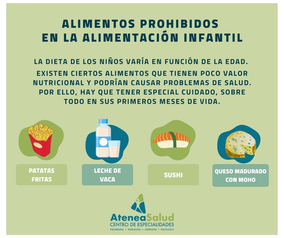 ALIMENTACIÓN SANA. La alimentación de los niños debe ser acorde a su edad, y cuando son muy pequeños es importante no darles comida que puede perjudicar su bienestar, como 
❌ patatas fritas y comida ultraprocesada 
❌ bebidas con gas 
❌ leche de vaca en el primer año de vida
