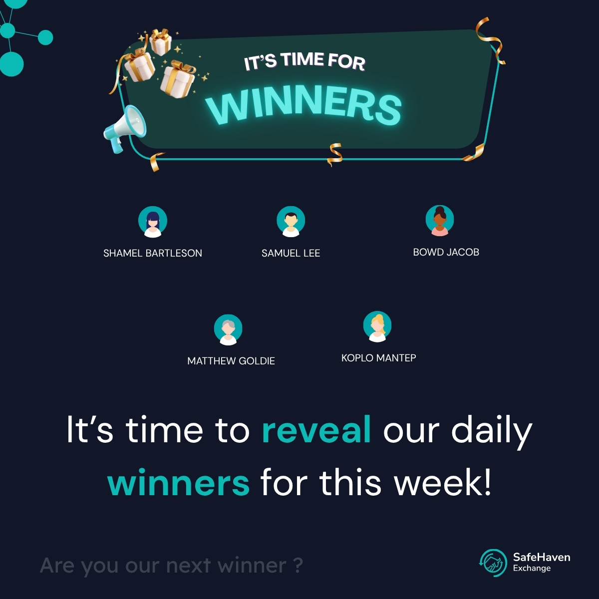 SafeHaven Exchange (@safehavenexch) on Twitter photo π Itβs Time for WINNERS! π
A big shoutout to our amazing daily champions this week:
π Shamel Bartleson
π« Samuel Lee
π Bowd Jacob
π₯ Matthew Goldie
π Koplo Mantep
Your dedication and engagement shine bright in the SafeHaven community! π
Are YOU our next winner? π
Stay π Itβs Time for WINNERS! π
A big shoutout to our amazing daily champions this week:
π Shamel Bartleson
π« Samuel Lee
π Bowd Jacob
π₯ Matthew Goldie
π Koplo Mantep
Your dedication and engagement shine bright in the SafeHaven community! π
Are YOU our next winner? π
Stay