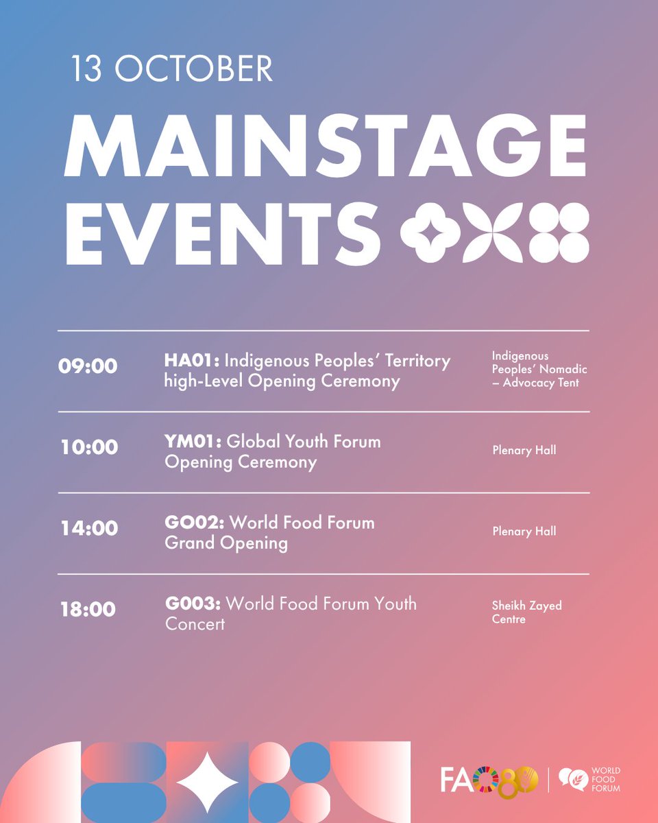 🎉 Welcome to the 2025 World Food Forum flagship event!
 
Exciting events are happening today as we kick off with inspiring youth voices and global celebrations.
 
Tune in for a week full of youth action, innovation and thoughtful investments!
 
#WFF2025 #BetterFoodsBetterFuture
