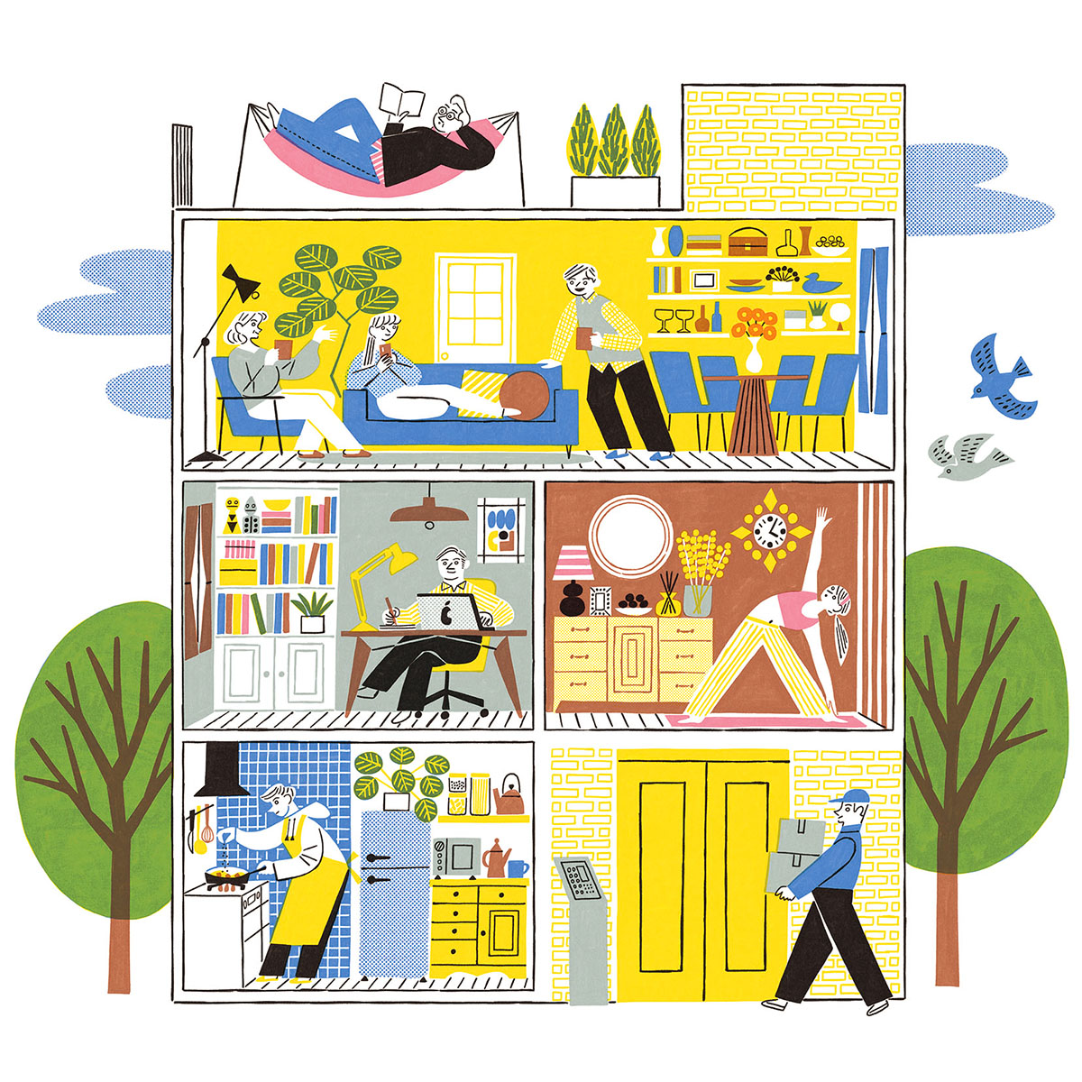 「今日は雑誌のカットのお仕事で、家の断面図という少々消費カロリー高めのラフを描いて」|岸　潤一のイラスト