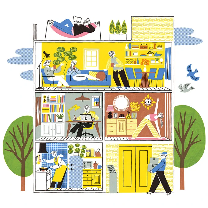 今日は雑誌のカットのお仕事で、家の断面図という少々消費カロリー高めのラフを描いていたのだけど、以前に自分で描いた似たようなイラストを久々に見て、うん。よく描けてると内心自画自賛した日でした。