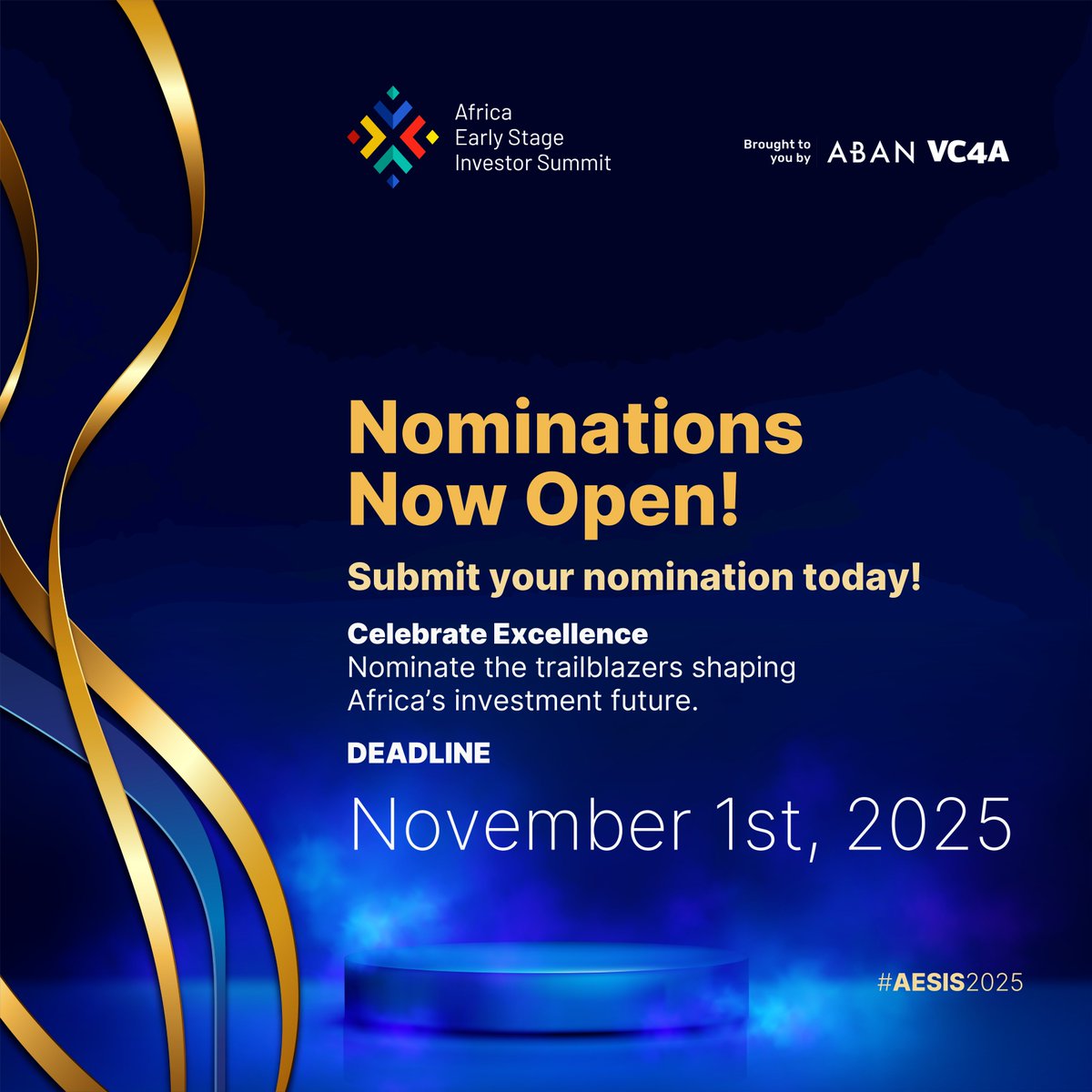 🌍 The #AESIS2025 Awards are open!

🏆 Categories include:
Angel Investor | VC Firm | Ecosystem Enabler | Female Investor | Rising Star | People’s Choice

👉 Nominate now: docs.google.com/forms/d/e/1FAI…

#AfricaBuiltToLast #AfricanInvestment #ImpactInvesting #InnovationInAfrica