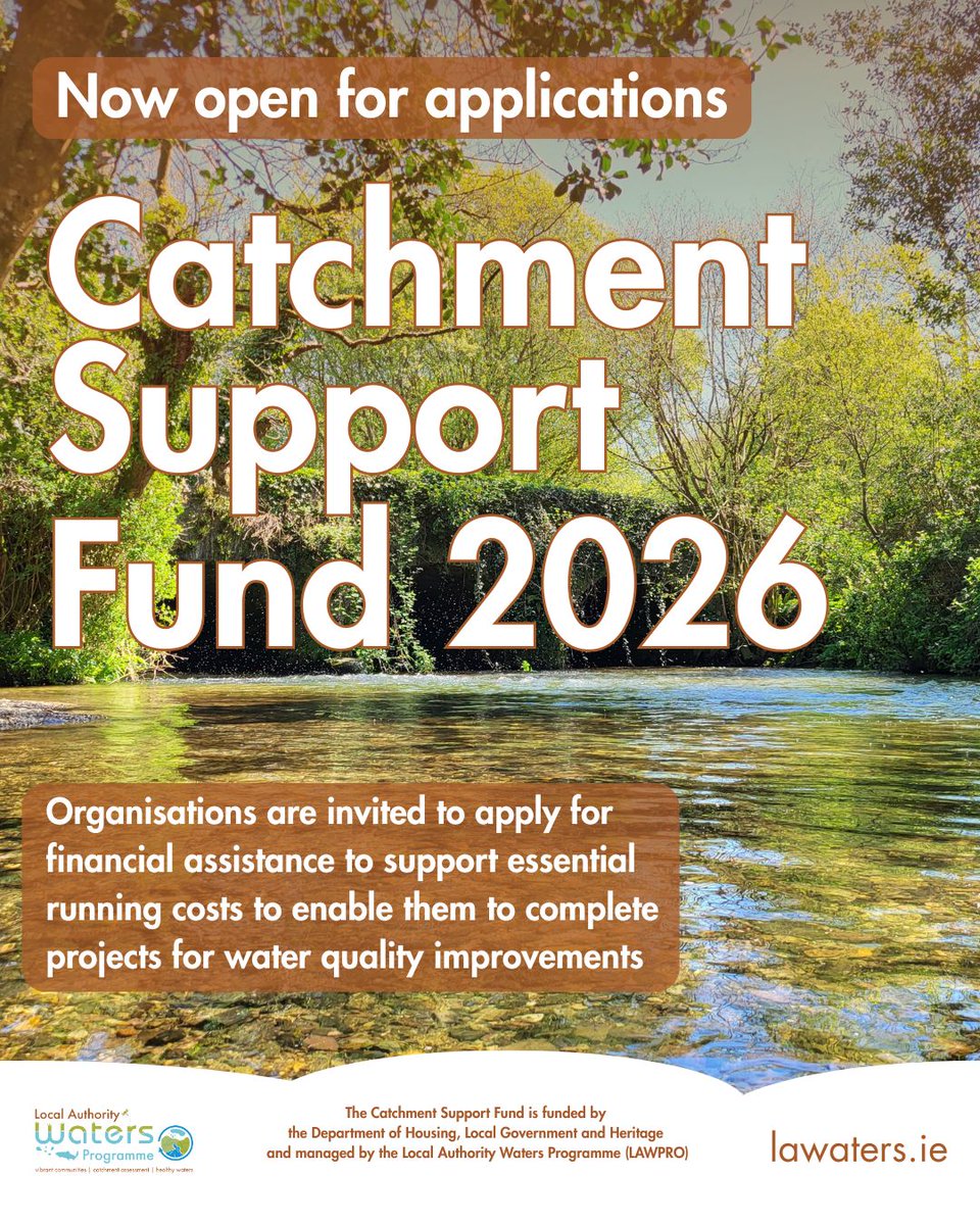 WatersProgramme's tweet image. 🚨Funding call: Catchment Support Fund 2026.
Funded by @DeptHousingIRL and managed by LAWPRO, the fund helps build further capacity in non-governmental organisations and community groups working in the area of water quality in Ireland.
Find out more: bit.ly/4ol5eFh