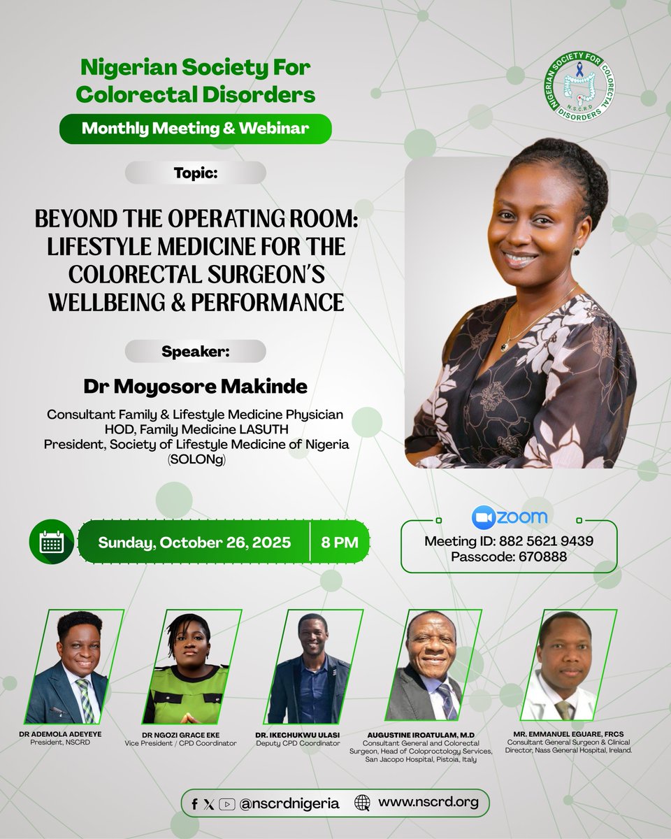 Join us for our monthly webinar featuring Dr. Moyosore Makinde, Consultant Family &amp; Lifestyle Medicine Physician, as she discusses:

✨ "Beyond The Operating Room: Lifestyle Medicine for the Colorectal Surgeon's Wellbeing &amp; Performance"

#NSCRD