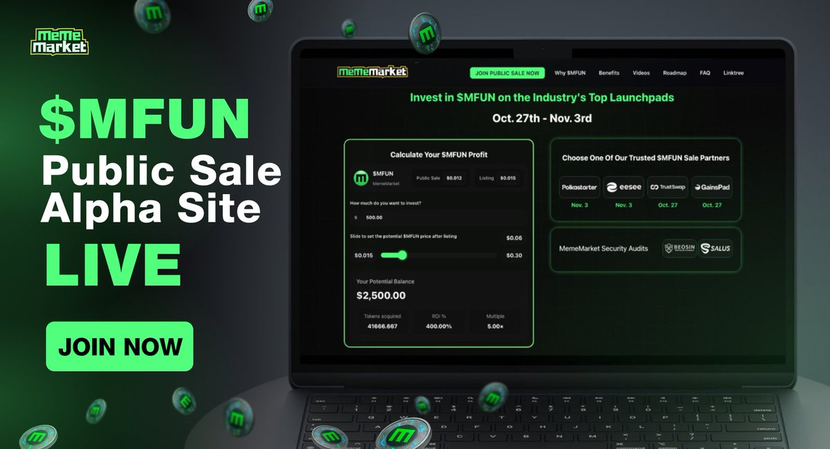 MemeMarketFun's tweet image. 📣 $MFUN Public Sale Alpha Site is Live!
Join us before the first candle 📊
Calculate your bags 💰
Explore our top-tier launchpads 🔎
➡️ @polkastarter
➡️ @eesee_io
➡️ @TrustSwap
➡️ @GainsAssociates
Grab all your details here 👇
mememarket.fun/mfun-public-sa…
Get in early. Get $MFUN.…
