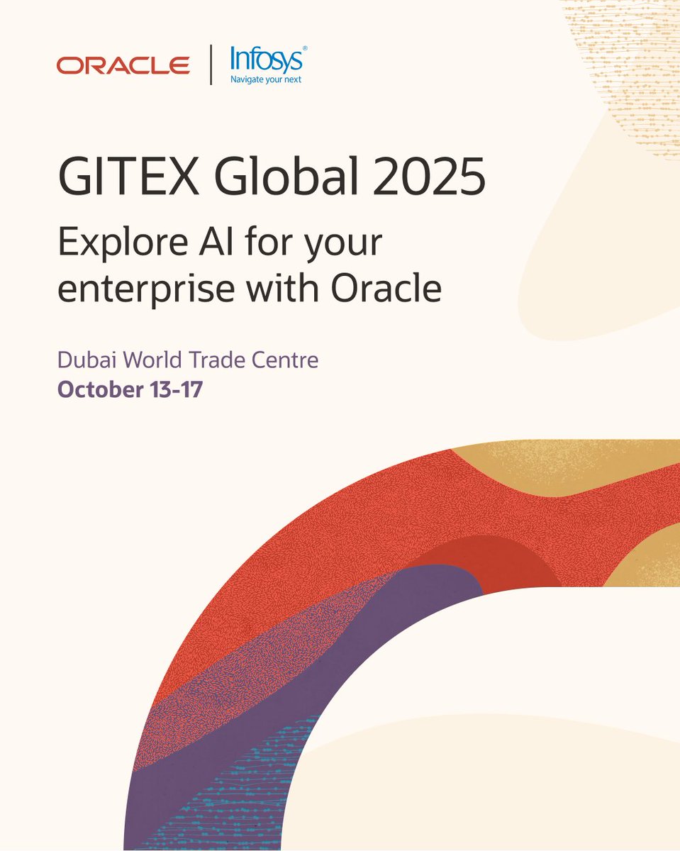 Oracle_ME's tweet image. Explore how businesses can unlock the power of AI at @GITEX_GLOBAL 2025 with Oracle and @Infosys.

Visit us at Hall 4, Stand C50, @DWTCOfficial from 13 to 17 Oct. 

social.ora.cl/6018Aa4Tk

#GITEXGlobal @InfosysEvents