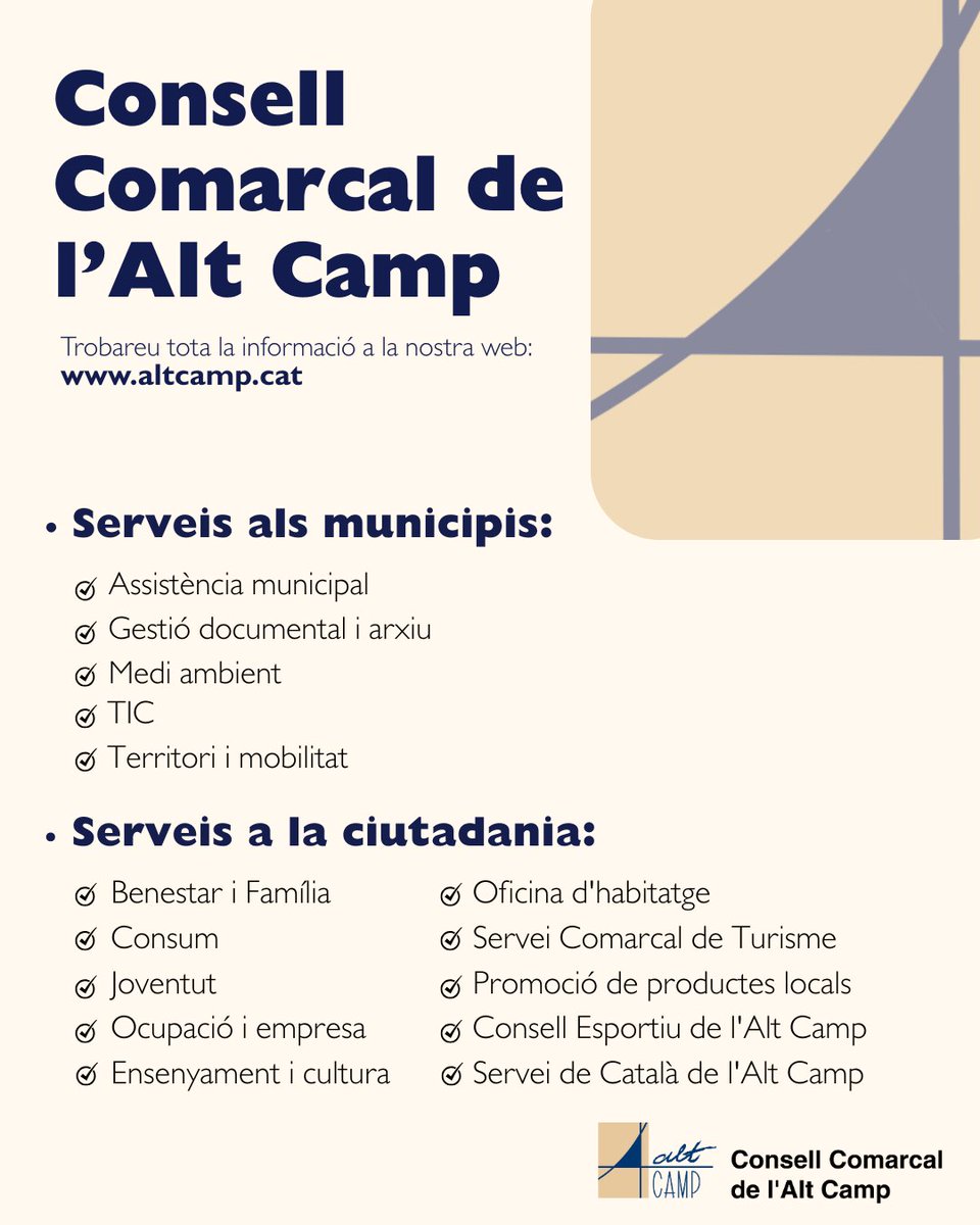 SERVEIS DEL @consellaltcamp

🤔 Coneixeu tots els nostres serveis?

👉 A la pàgina web del Consell trobareu tot el que oferim a la ciutadania i als municipis.

També hi compartim notícies de diferents àmbits. Feu-hi una ullada! 😉

🌐 altcamp.cat

#AltCamp