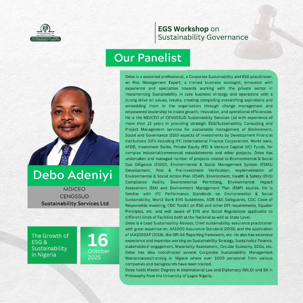 Nreelilang's tweet image. Meet Our Panelist!

We’re honored to have Debo Adeniyi MD/CEO CENGSSUD Sustainability Services Ltd. at the ESG Workshop on Sustainability Governance.

Join us on
🗓️ October 16, 2025
🕑 2:00 PM WAT

Save the date! 🔗 Register here
bit.ly/NREEL-ESG-Work…