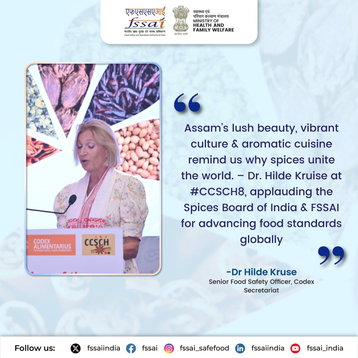 fssaiindia's tweet photo. Dr. Hilde Kruse, representing the @FAOWHOCodex , thanked the Government of India for hosting the session and acknowledged India’s continued support through FSSAI and the Spices Board in advancing harmonized global standards for spices and culinary herbs. @MoHFW_INDIA https://t.co/vLulmuwlep