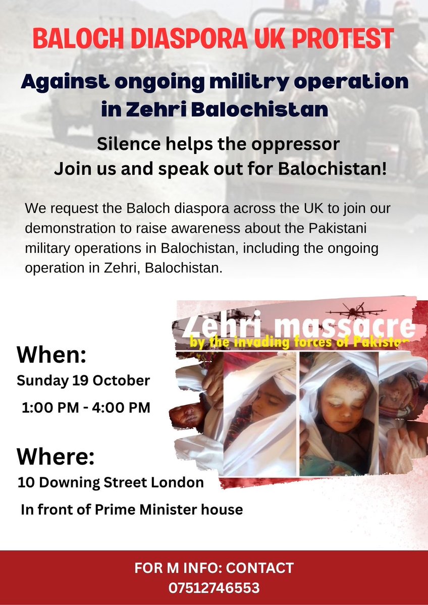 We request the Baloch diaspora across the uk to join our demonstration to raise awareness about Pakistani military operations in zehri and other areas of balochistan,silence helps the oppressors #ZehriUnderSiege #Balochistan #BalochGenocide