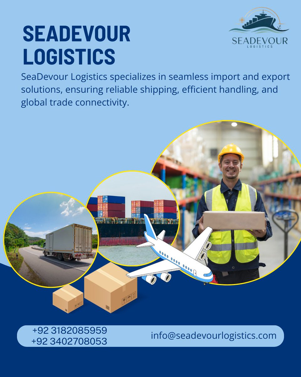 SeadevourLogi's tweet image. At SeaDevour Logistics, we ensure your cargo moves across borders with reliability, speed, and care. From vessels to destinations worldwide — your trade is our priority.

📧 info@seadevourlogistics.com

📞 +92 3182085959 | +92 3402708053
🌐 seadevourlogistics.com