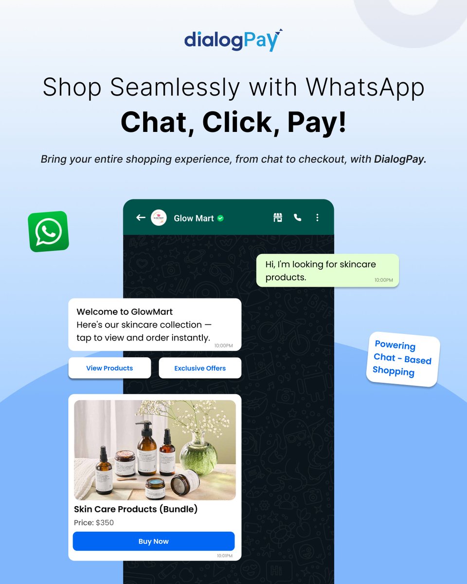DialogPay's tweet photo. 💬✨ Shop smarter with WhatsApp!
Skip the hassle with DialogPay, just Chat, Click & Pay right inside WhatsApp. 🛍️📲
Simple. Secure. Seamless. 💳💬
#DialogPay #WhatsAppShopping #ChatCommerce #ChatClickPay #SmartShopping #SeamlessShopping https://t.co/3OrC3eWAAb