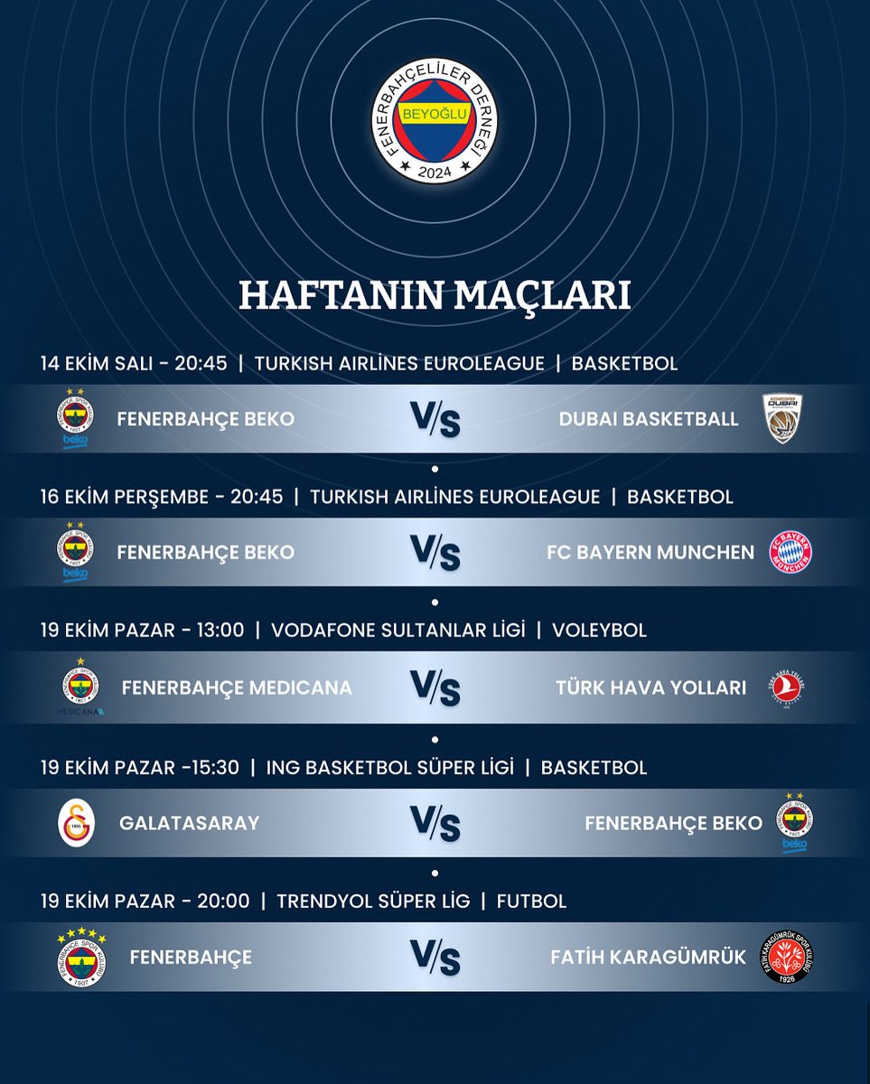 💪 Bu hafta da Fenerbahçe’miz sahada!
Basketboldan voleybola, futboldan EuroLeague heyecanına kadar dolu dolu bir hafta bizleri bekliyor.
Tüm takımlarımıza başarılar! 💛💙

#HaftanınMaçları #Fenerbahçe #BeyoğluFenerbahçelilerDerneği #FenerbahçeBeko #FenerbahçeMedicana