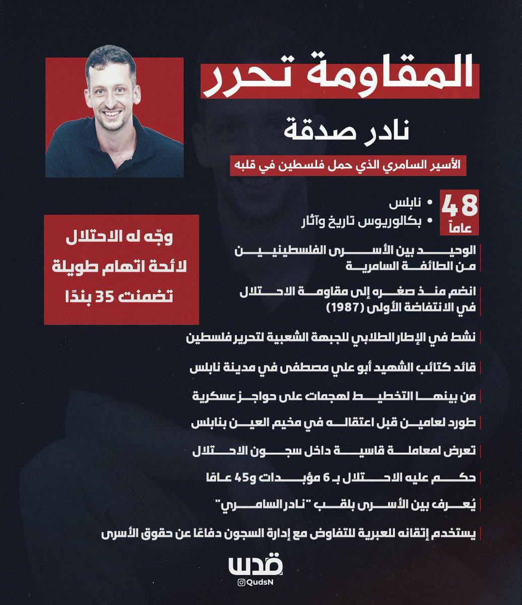qudsn's tweet photo. الأسير من الطائفة السامرية الذي حمل فلسطين في قلبه.. المقاومة تحرر الأسير نادر صدقة من حكم المؤبد المكرر 6 مرات. https://t.co/ee9XRExiGU