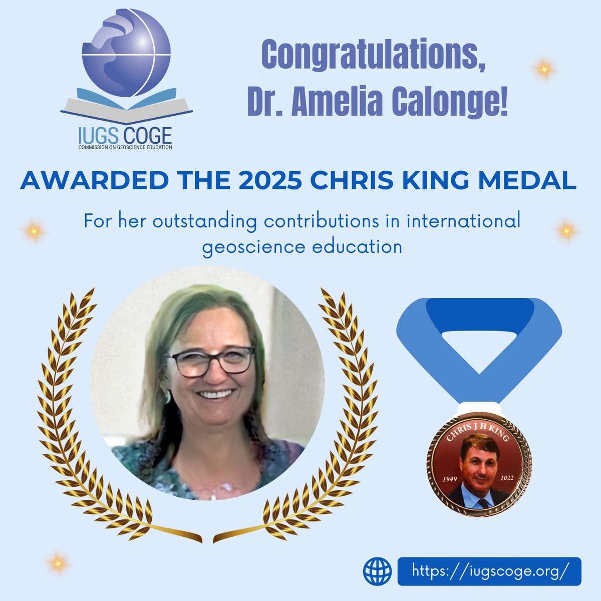 IugsCoge's tweet photo. We are proud to announce that Professor @CalongeAmelia has been awarded the 2025 #ChrisKingMedal. 
🔗 https://t.co/rBECV8VyiP
#IUGSCOGE #GeoscienceEducation @aepect @AmeliaCalonge @sgeologica @IGME1849 @geologicasUCM https://t.co/DaQ1VvJivA
