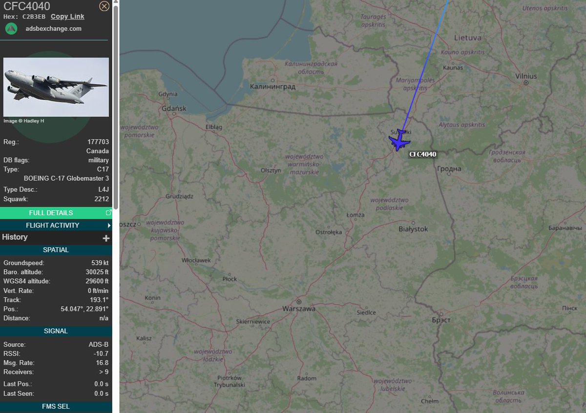 PolishMilRadar's tweet photo. 📅 13.10 🕒 13:32LT

🇨🇦 Królewskie Kanadyjskie Siły Powietrzne
✈️ Boeing C-17A Globemaster III "177703"
🛫 Baza Lotnicza Lielvarde #EVGA 🇱🇻
🛬 Lublin #EPLB 🇵🇱
#CFC4040 leci na FL300
🔗 https://t.co/waBYvth4x4

#POLMILRADAR https://t.co/UpSmfCm8JX