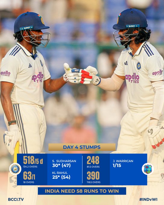 Two Indian cricketers in white uniforms and blue helmets, identified as Sai Sudharsan and KL Rahul, stand on a cricket field shaking hands with gloves on, stumps visible behind them, scoreboard graphic at bottom showing Day 4 Stumps with Sudharsan 51 not out off 85 balls, Rahul 24 not out off 45 balls, total 90 for 1 wicket after 28.3 overs, India needs 58 runs to win, BCCI logo present.