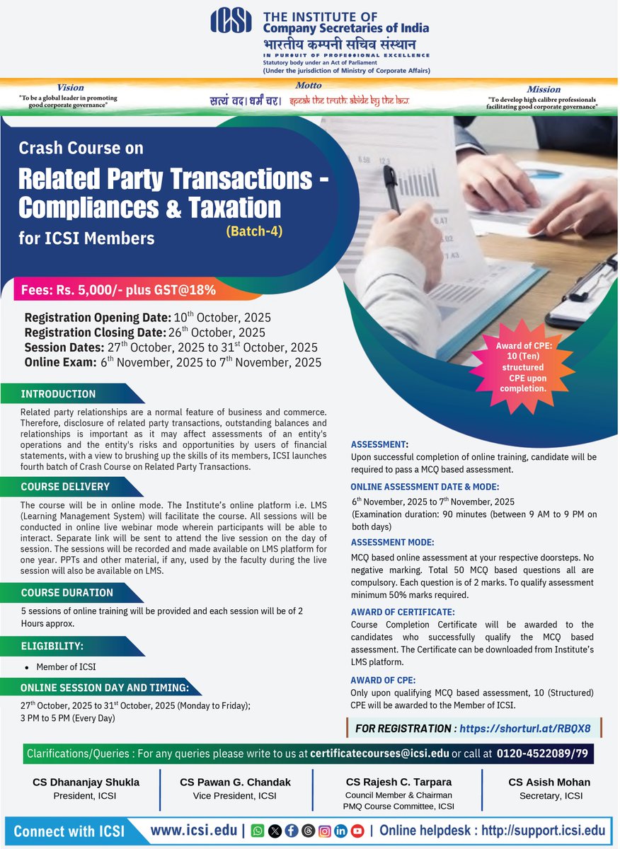 icsi_cs's tweet photo. Register Now for #ICSICrashCourse on Related Party Transactions - #Compliances &amp; #Taxation @ https://t.co/0xNCWwAHz7 #RPT https://t.co/3NEFOqUGqq