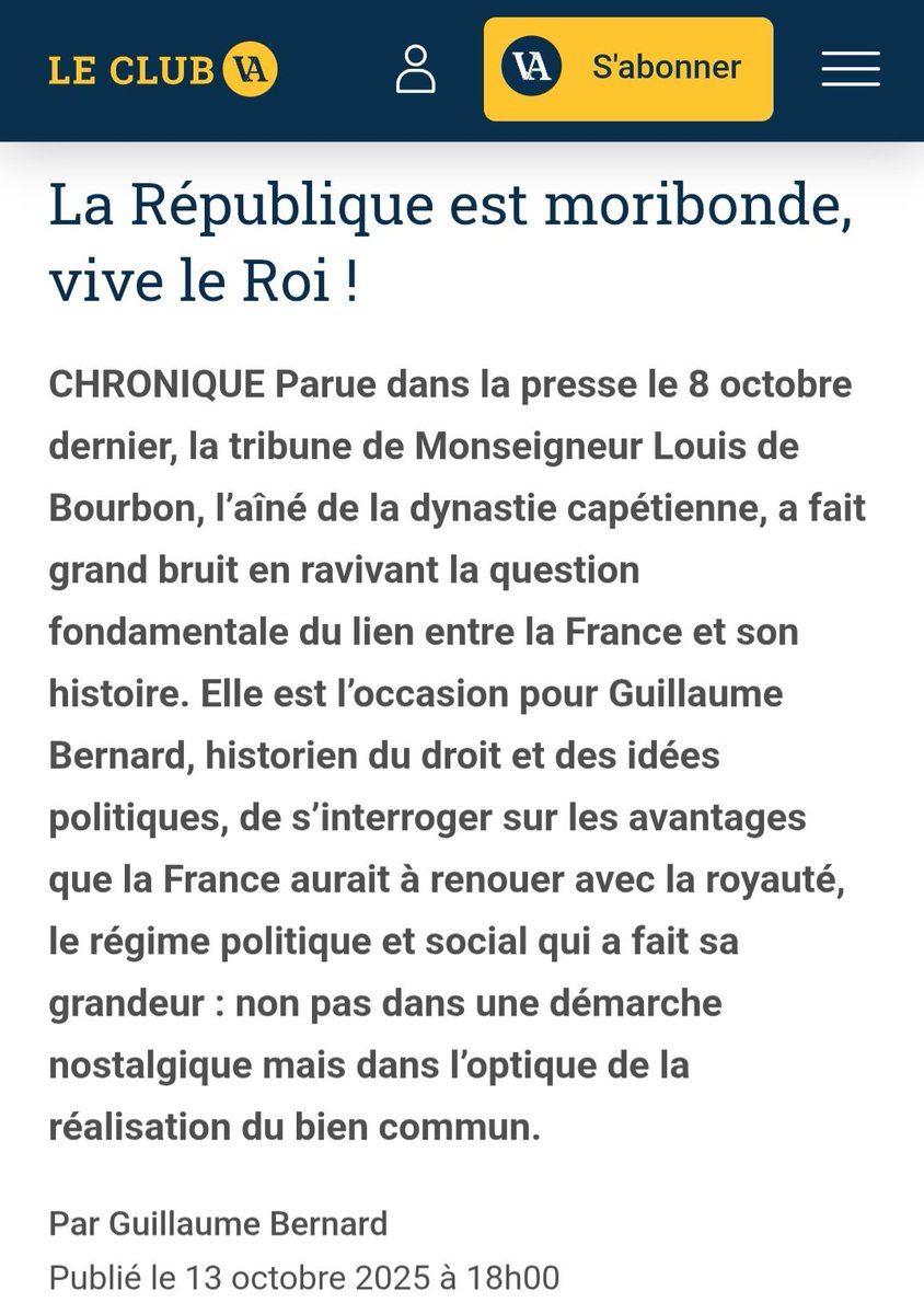 La #République est moribonde, vive le #Roi !
Ma chronique hebdo dans <a href="/Valeurs/">Valeurs actuelles ن</a> ⬇️ share.google/6c6DhJ28j4twfv…