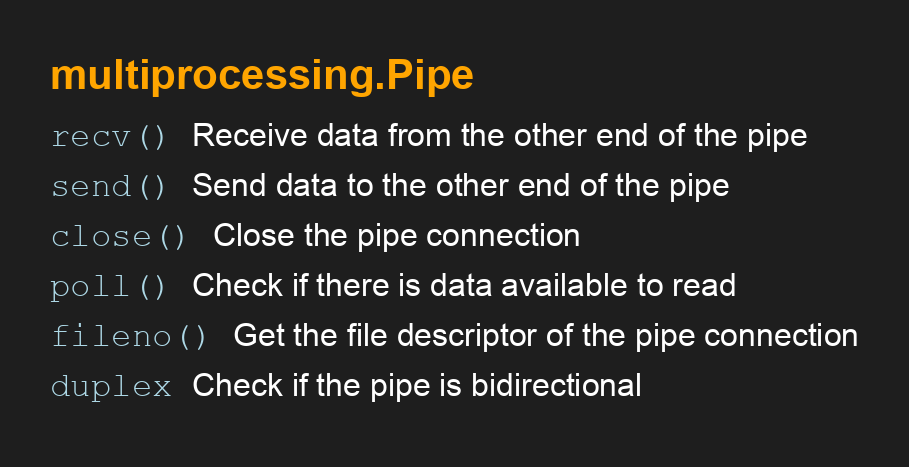 SuperFastPython's tweet image. multiprocessing.Pipe API
#Python #Concurrency