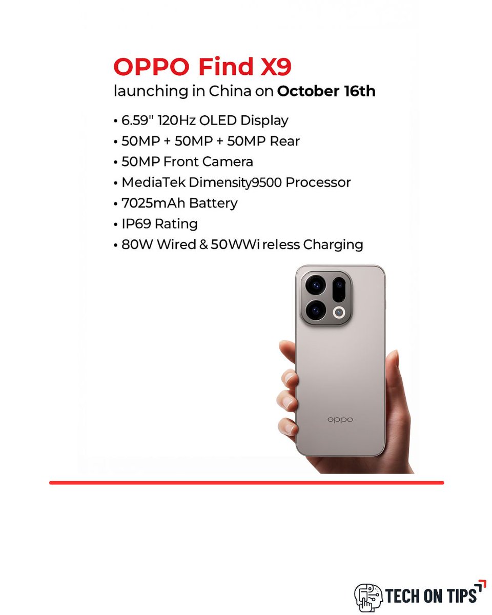 TechonTips24's tweet image. 🇮🇳 OPPO Find X9 is launching soon in India this November!
Packed with a stunning 6.59" 120Hz OLED display, triple 50MP cameras, massive 7025mAh battery, and the powerful Dimensity 9500 processor — this flagship is ready to dominate! ⚡📱
#OPPOFindX9 #OPPOIndia #FindX9 #OPPO